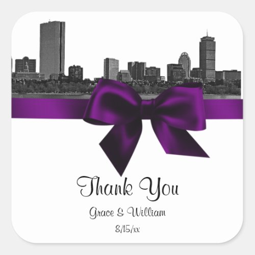 Boston Skyline Etched BW Purple Favor Tag Sticker