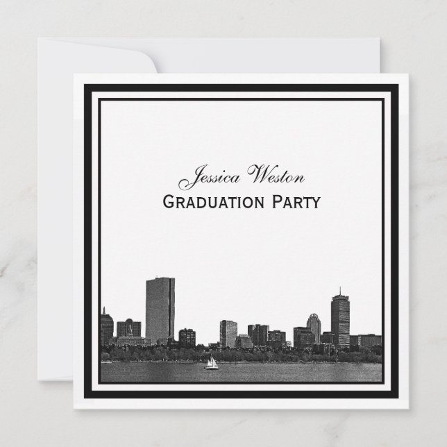 Boston Skyline Etched Framed Graduation Party Invitation (Front)
