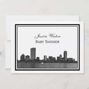 Boston Skyline Etched Framed H Baby Shower Invitation