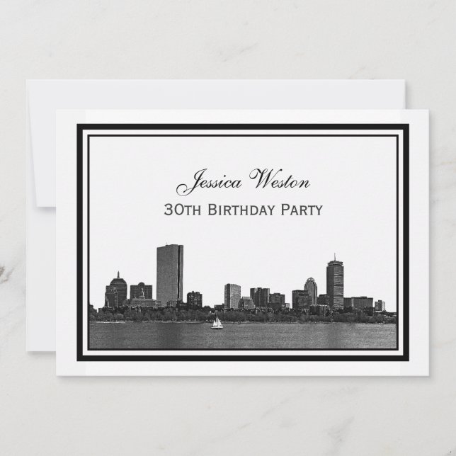 Boston Skyline Etched Framed H Birthday Party Invitation (Front)