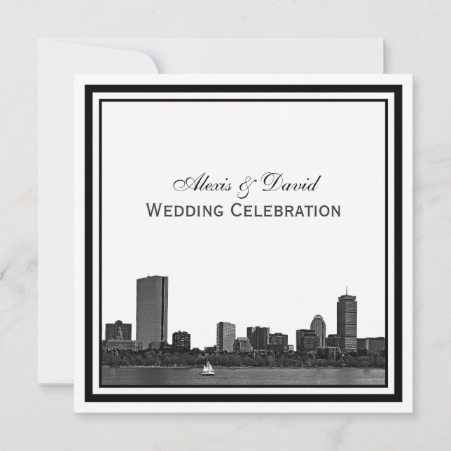 Boston Skyline Etched Framed L Wedding Invitation (Front)