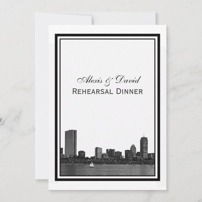 Boston Skyline Etched Framed Rehearsal Dinner Invitation (Front)