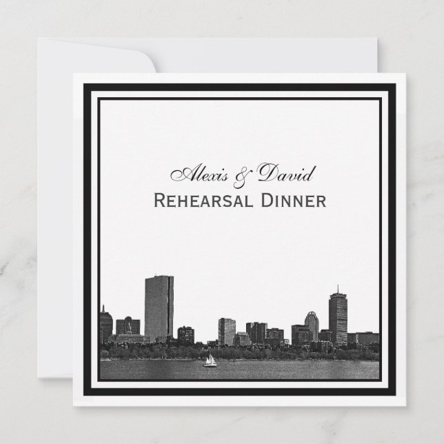 Boston Skyline Etched Framed Rehearsal Dinner Invitation (Front)
