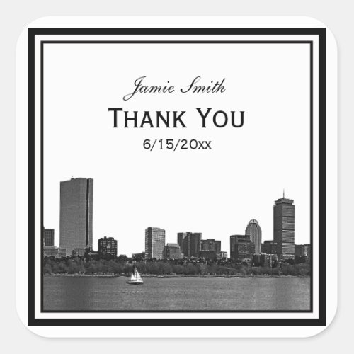 Boston Skyline Etched Framed Thank You Square Sticker