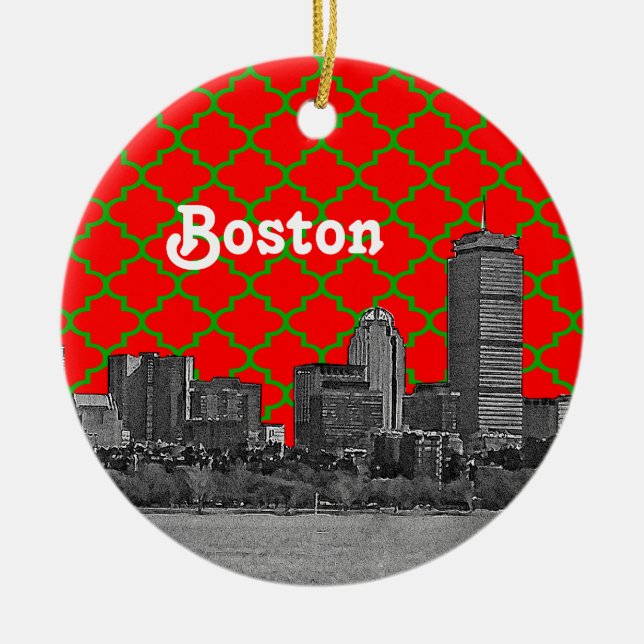Boston Skyline Etched Green Red Quatrefoil BG Xmas Ceramic Ornament (Front)