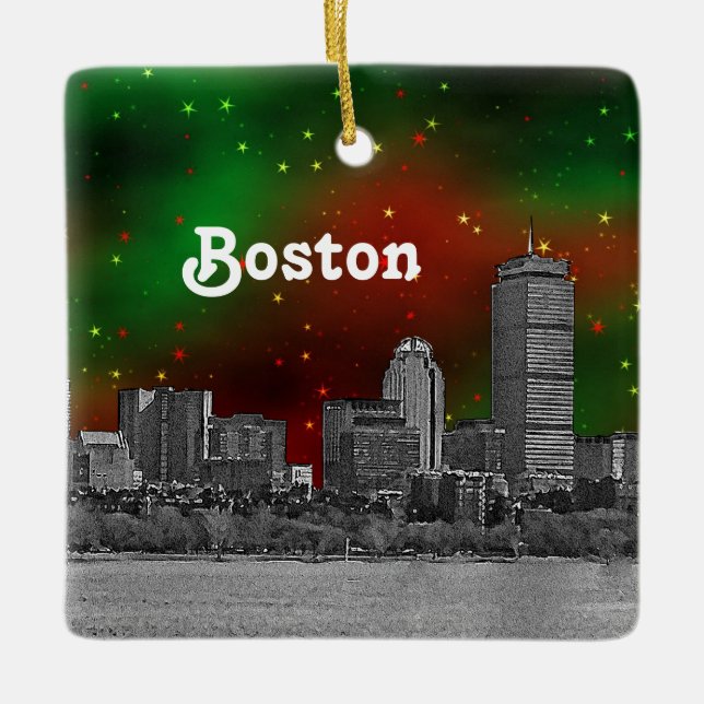 Boston Skyline Etched Green Red Starry Sky Xmas Ceramic Ornament (Front)