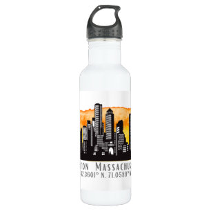 Boston Skyline Latitude and Longitude Stainless Steel Water Bottle