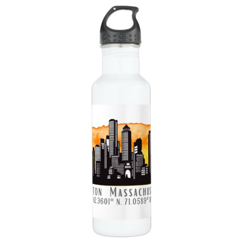 Boston Skyline Latitude and Longitude  Stainless Steel Water Bottle