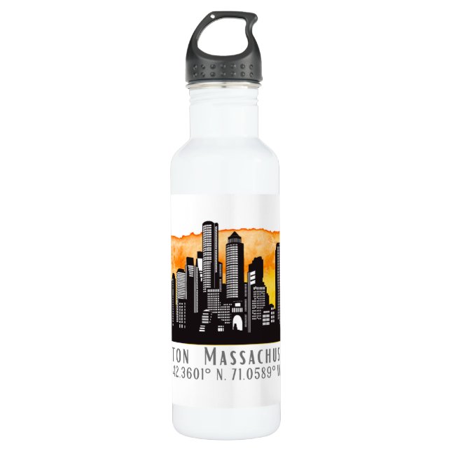 Boston Skyline Latitude and Longitude  Stainless Steel Water Bottle (Front)