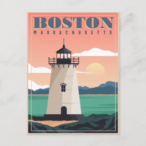 Boston Skyline  Lighthouse  Massachusetts Postcard