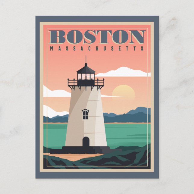 Boston Skyline & Lighthouse | Massachusetts Postcard (Front)