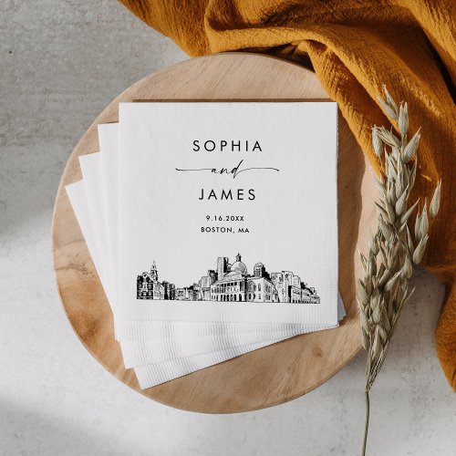 Boston Skyline Modern Wedding Cocktail Napkins