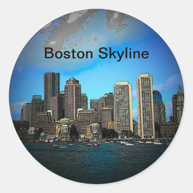 Boston Skyline Photo Art Drawing Classic Round Sticker (Front)