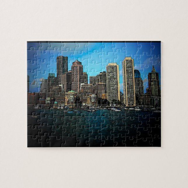 Boston Skyline Photo Art Drawing Jigsaw Puzzle (Horizontal)