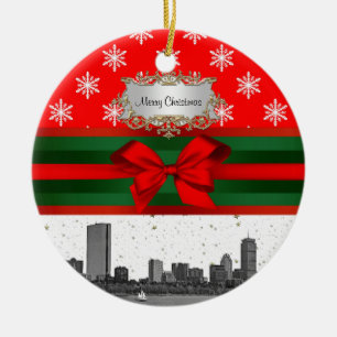 Boston Skyline Red Snowflake Christmas Ceramic Ornament