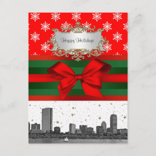 Boston Skyline Red Snowflake Christmas Holiday Postcard