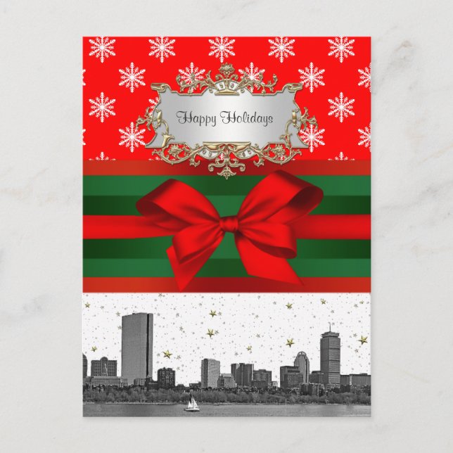 Boston Skyline Red Snowflake Christmas Holiday Postcard (Front)