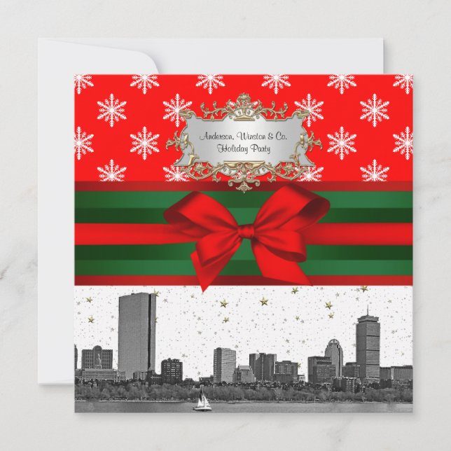 Boston Skyline Red Snowflake Christmas Invitation (Front)