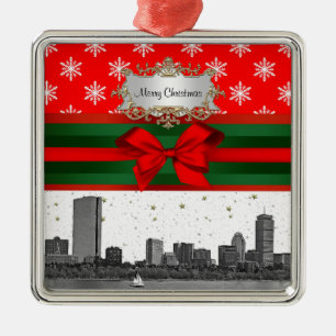 Boston Skyline Red Snowflake Christmas Metal Ornament