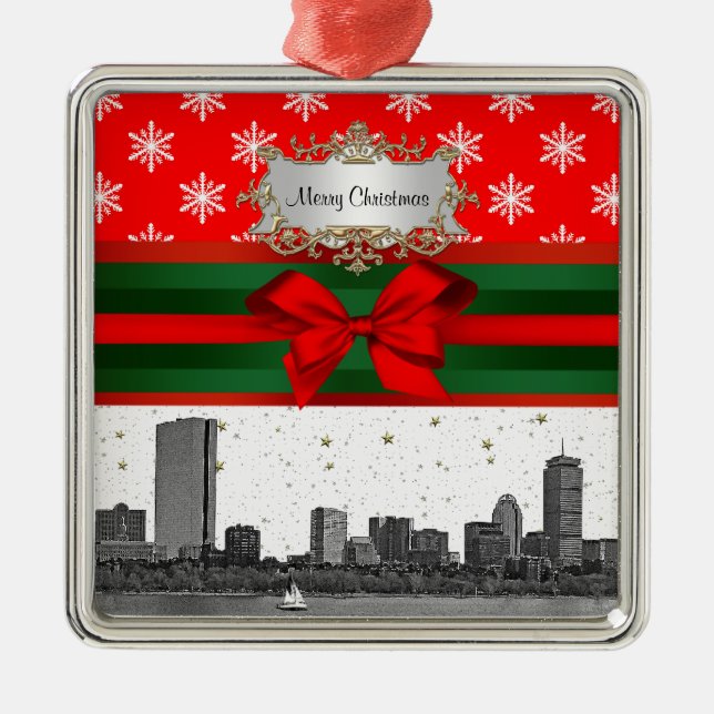 Boston Skyline Red Snowflake Christmas Metal Ornament (Front)