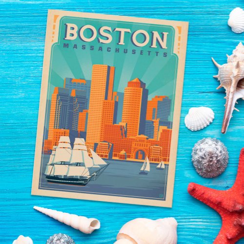Boston Skyline  Sailboats  Massachusetts Postcard
