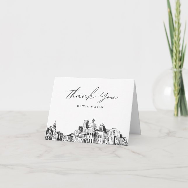 Boston Skyline Sketch Blank Thank You Card (Front)