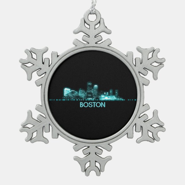 Boston Skyline Snowflake Pewter Christmas Ornament (Front)