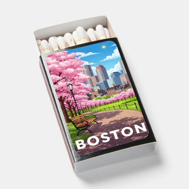 Boston skyline under blooming cherry blossoms  matchboxes (Front Open)