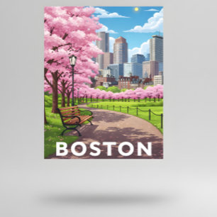 Boston skyline under blooming cherry blossoms postcard