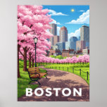 Boston skyline under blooming cherry blossoms  poster