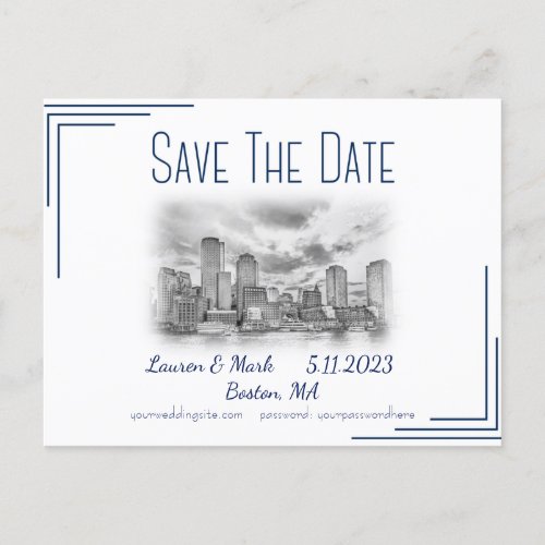 Boston Skyline Wedding Save The Date Postcard