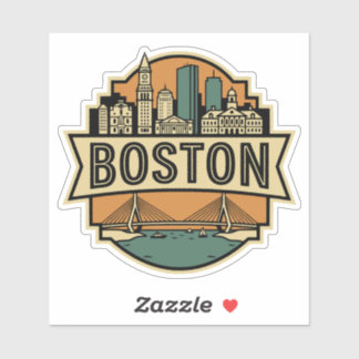 Boston Skyline Zakim Bridge Retro Travel Badge Sticker