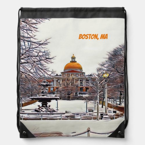 Boston State House in Winter  Drawstring Bag