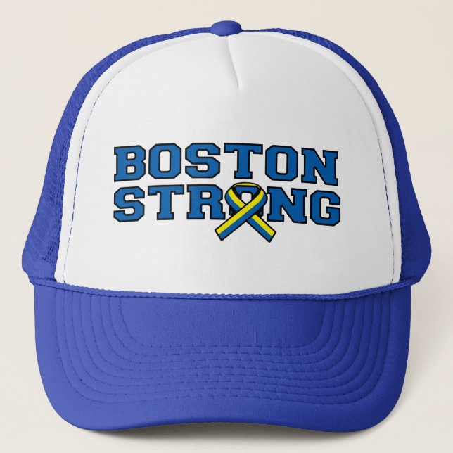 Boston Strong Ribbon Style Graphic Trucker Hat (Front)