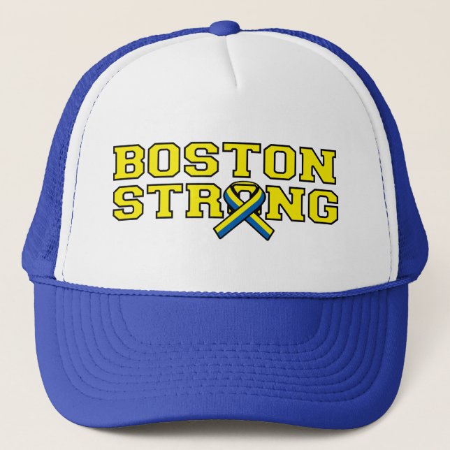 Boston Strong Ribbon Style Graphic Trucker Hat (Front)