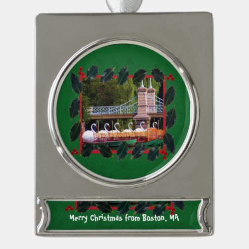 Boston Swan Boats _ Happy Holidays  Ceramic Orname Silver Plated Banner Ornament