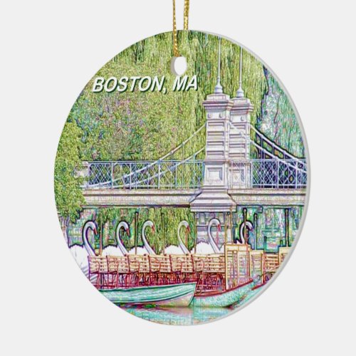 Boston Swan Boats in Pencil and Ink Filter Ceramic Ornament