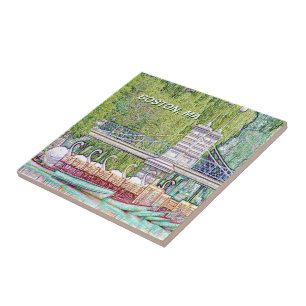 Boston Swan Boats in Pencil and Ink Filter Ceramic Tile