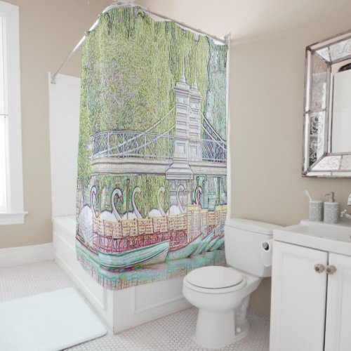 Boston Swan Boats Pencil and Ink shower curtain