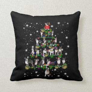 Boston Terrie Christmas Tree Covered By Flashlight Throw Pillow
