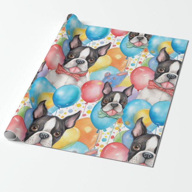Boston Terrier And Balloons  Wrapping Paper (Unrolled)