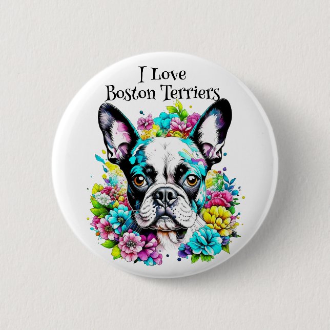 Boston Terrier and Flowers Button (Front)