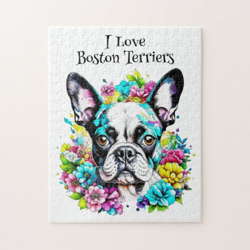 Boston Terrier and Flowers Jigsaw Puzzle