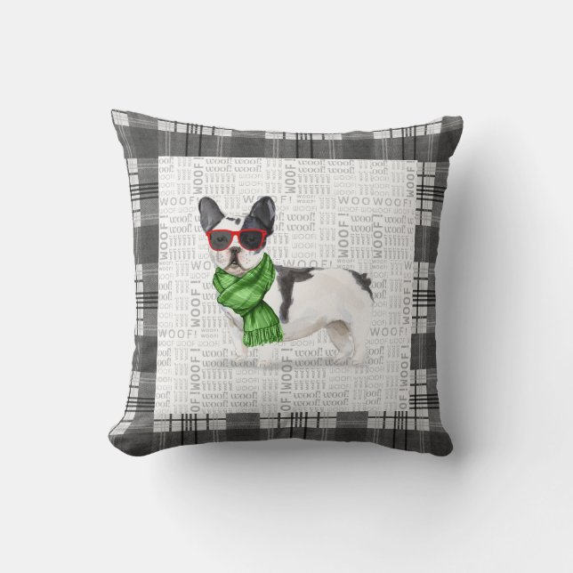 Boston Terrier and Plaid Christmas Dog Throw Pillo Throw Pillow (Front)