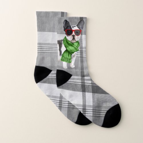 Boston Terrier and Plaid Funny Dog Lovers Holiday Socks