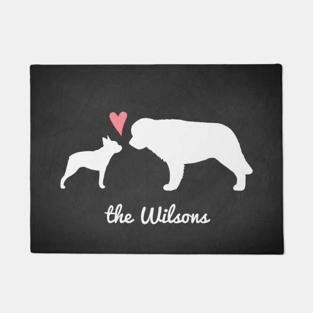 Boston Terrier and Saint Bernard with Heart Doormat (Front)