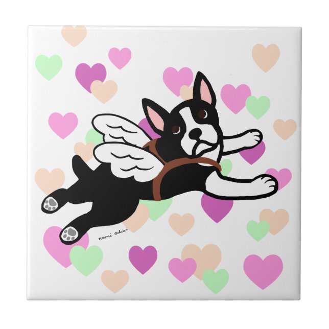 Boston Terrier Angel Cartoon Hearts Tile (Front)