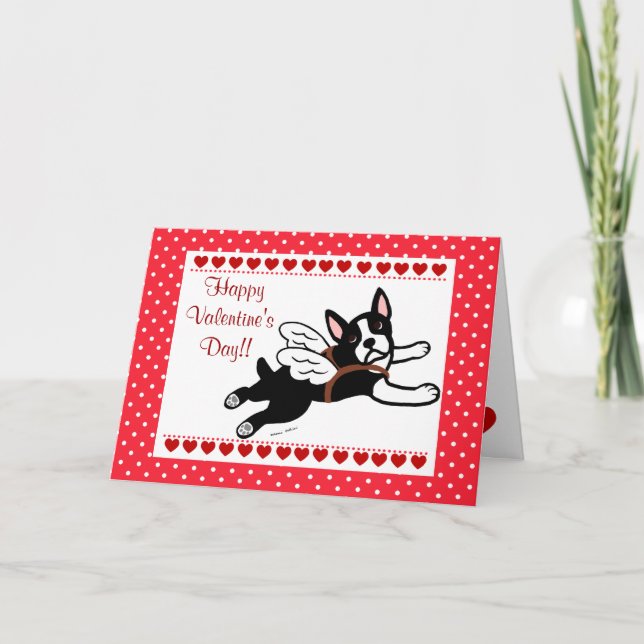 Boston Terrier Angel Cartoon Hearts Valentine Holiday Card (Front)