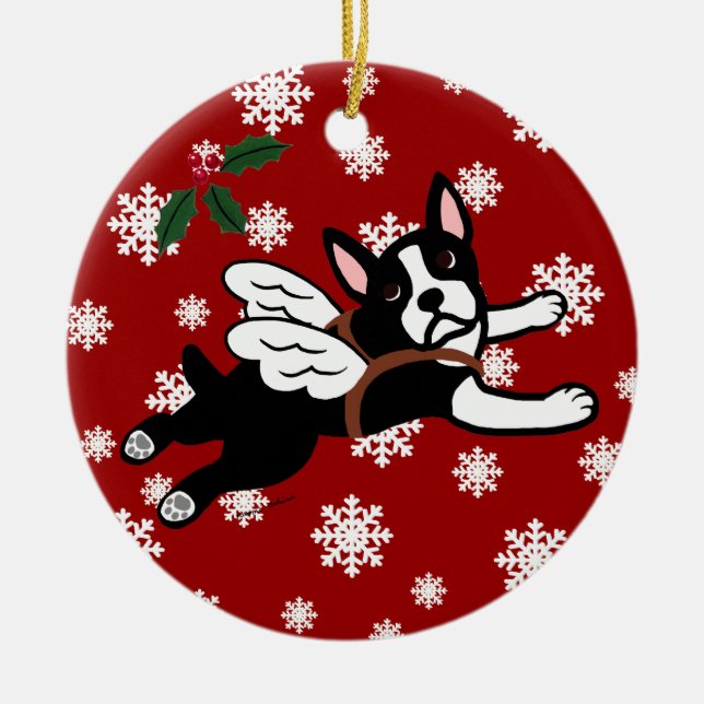 Boston Terrier Angel Cartoon Snowflakes Ceramic Ornament (Front)