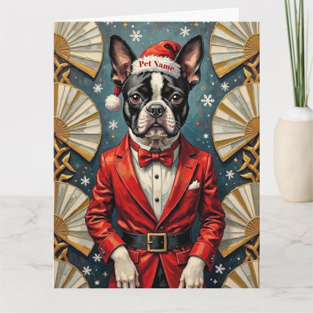 Boston Terrier Art Deco Christmas Tuxedo Hat Card (Front)